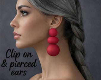 Clip  On Earrings - Big Chunky Statement Matte Red Drop Earrings |  Bold Modern Geometric Design