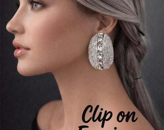 Silver Rhinestone Clip On Earrings | Oval Crystal Statement Jewellery