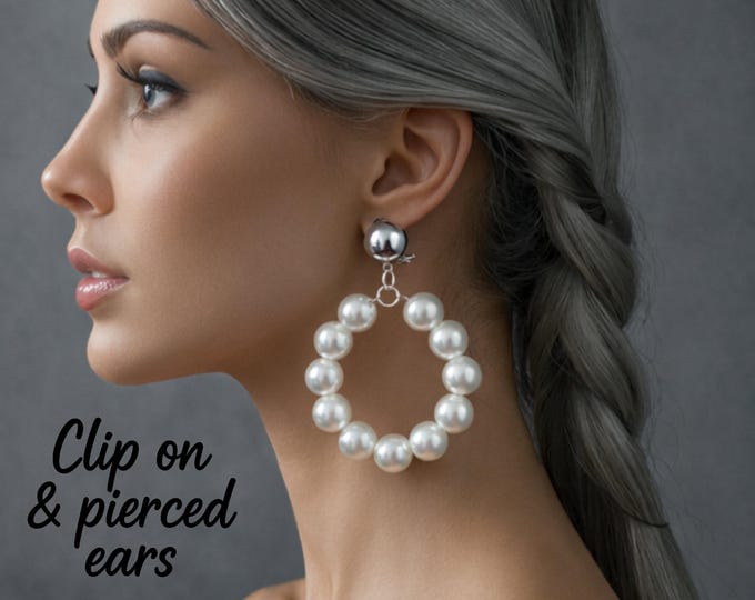 White - Ivory Pearl Hoop Earrings – Clip On or Pierced –Classic Statement Earrings