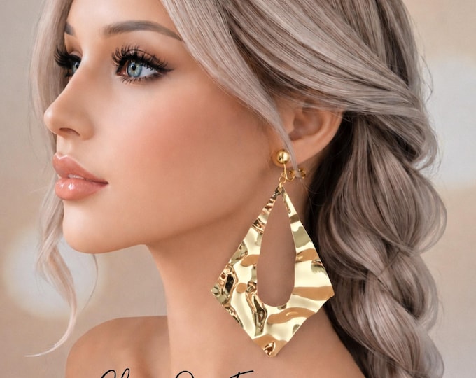 Clip On Earrings –  Oversized Gold Tone Statement Crinkled Lightweight Dangle Earrings - 4" - 10cm