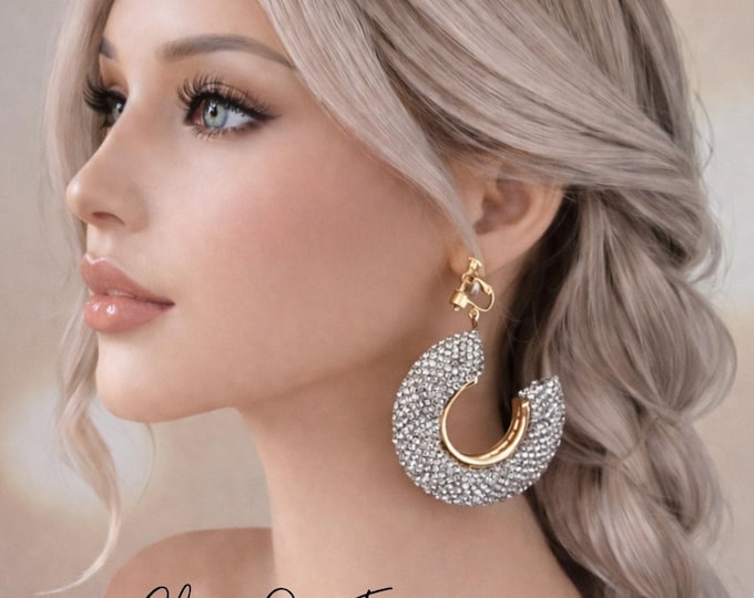 Chunky Clip On Hoop Earrings, Gold Tone Statement Hoops, Sparkly Rhinestone Crescent Hoops, 2.5"  6.5cm