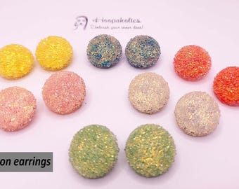 2 pairs Beautiful druzy style CLIP ON stud earrings - 22mm half round sparkly button style stud earrings -non pierced ears - 6 color options