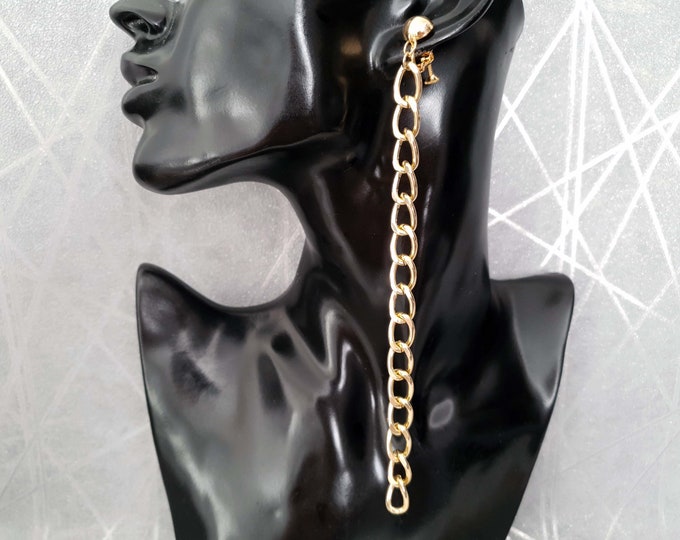 Extra long gold tone 7"  curb chain long drop CLIP ON earrings - 18k gold plated screw clip on top - lightweigt tarnish resistant chain