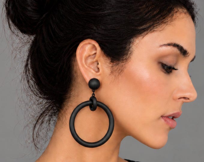 Black Clip On Hoop Drop Earrings – Bold Chunky Statement Earrings – Non Pierced Ears – 3.25" – 8cm