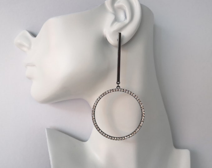 4" long hematite colour metal & crystal - diamante drop earrings - Clip on or pierced options - Invisible clip none pierced earrings