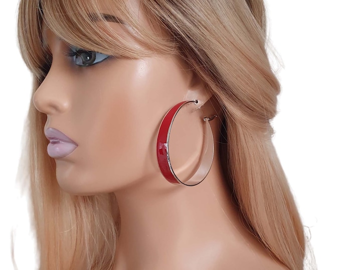 1 pair of silver tone metal & red enamel CLIP ON - big wide hoop earrings - Clip on - pierced options - 2.5" big hoops - non pierced *2nds*