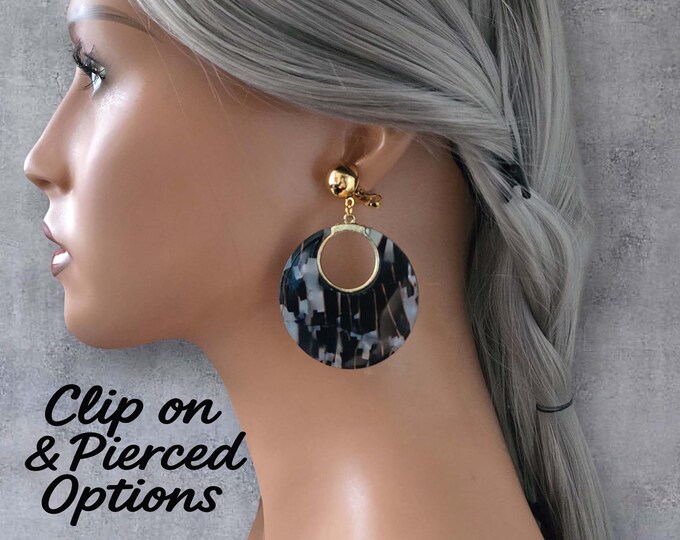 Navy Blue Tortoiseshell Statement Hoop Earrings | Bold Round Resin Earrings with Gold Accents | Lightweight Clip-On Earrings by Hoopaholics