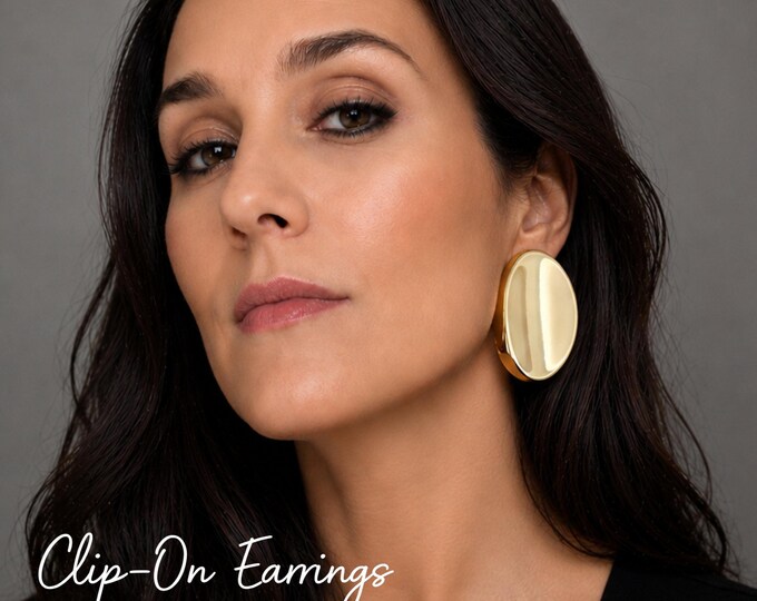 Gold Tone Clip On Earrings – Large Oval Statement Earrings – Non Pierced Ears – 2" - 5cm