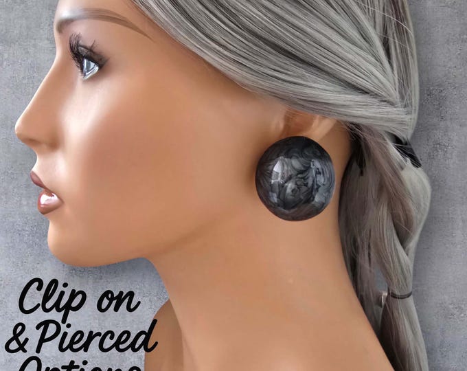 Big Chunky Black & Grey Swirl Resin Top Clip-On Stud Earrings | Statement Dome Earrings | Lightweight Round Clip-Ons for Non-Pierced Ears