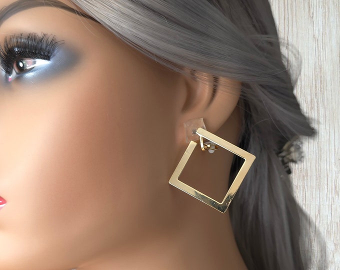 Gold tone CLIP ON stud earrings - 1.75" long* square shape stud earrings for non pierced ears