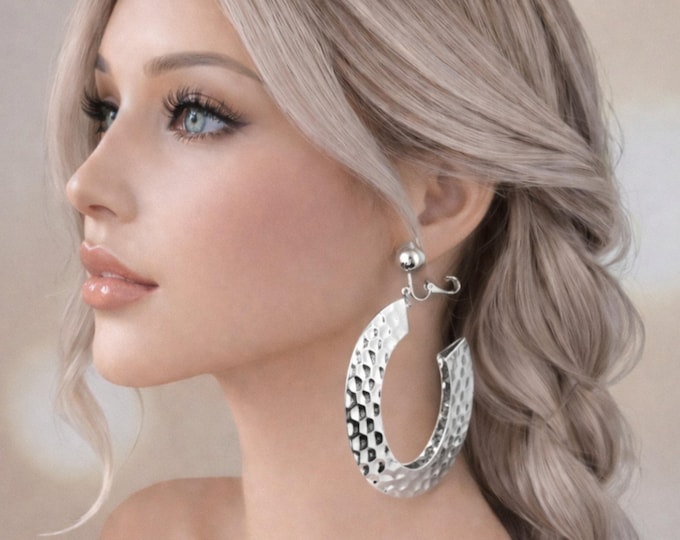 Clip On Earrings - Long Silver Tone Oval Textured Chunky Crescent Half Hoop Earrings – 3.5" - 9cm