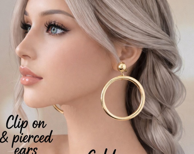 Lightweight Clip On Hoop Earrings – Gold Tone or Silver Tone –  Pierced – Classic Statement Hoops