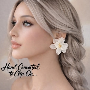 White Frosted Acrylic Flower Clip On Earrings – Large Statement Studs - Non Pierced Ears