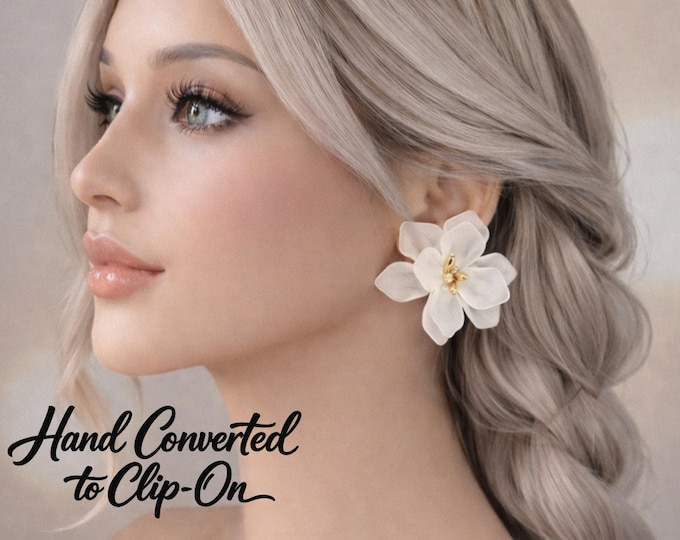 White Frosted Acrylic Flower Clip On Earrings – Large Statement Studs - Non Pierced Ears