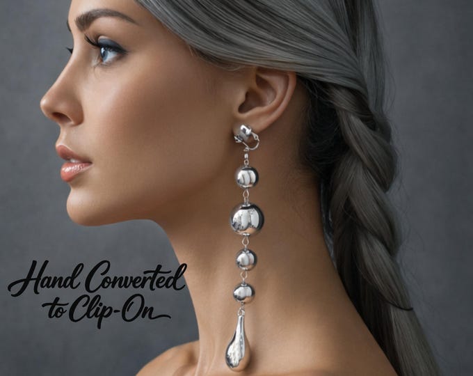 Clip-On Silver Drop Earrings – Chunky Silver CCB Beads, Long Dangle Design for Non-Pierced Ears,