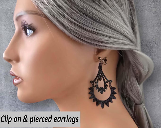 CLIP ON drop earrings, 3" - 7.5cm Long Black Chandelier Style Rhinestone Earrings,  Non Pierced Drop Earrings, Big Statement Earrings
