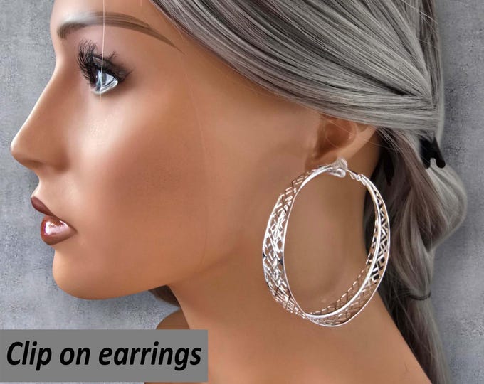 CLIP ON hoop earrings - Large 2.75" Silver Tone Clip-On Hoop Earrings – Wide Filigree Pattern - Big Wide Statement Hoops - Non Pierced Ears