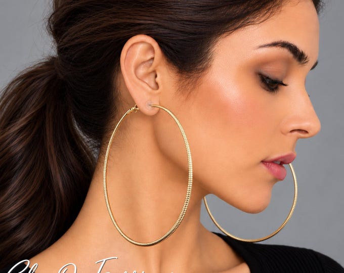 Oversized Gold Tone Clip On Hoop Earrings – Textured Statement Hoops – Large Non Pierced Earrings – 4" – 10cm