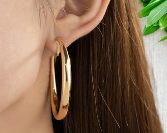 1 pair of 2" gold tone CLIP-ON C shape hoop earrings - Solid graduated tube - Clip on for non pierced ears - Big fab hoops   #nh1