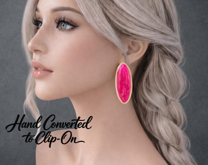 Pink Enamel & Gold Tone Oval Clip-On Earrings – Lightweight Statement Earrings – Non-Pierced Ears