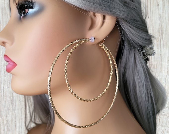 HUGE Gold tone CLIP ON hoop earrings - 4" diameter double layered gold colored hoop earrings - clip on or pierced option Big statement hoops