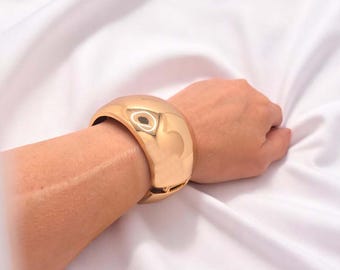 Big chunky gold tone mirror finish alloy hinged bangle, thick & chunky 1.9" wide bracelet - bangle  hinge opening, Gorgeous statement bangle