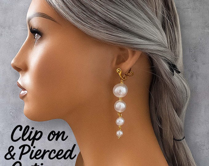 Gold  & White Faux Pearl Drop Earrings – Elegant Dangle Statement Earrings – Long Tiered Faux Pearl Earrings – Clip-On or Pierced Options