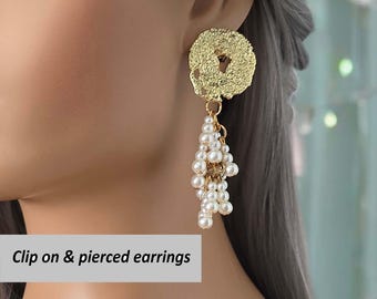 CLIP ON drop earrings - 3.25" long gold tone & faux pearl bead layered drop earrings, non pierced ears, ear clips, Prom - Bridal earrings