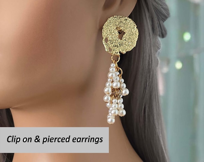 CLIP ON drop earrings - 3.25" long gold tone & faux pearl bead layered drop earrings, non pierced ears, ear clips, Prom - Bridal earrings