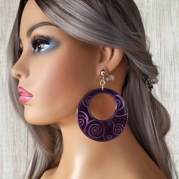 Big purple disc CLIP ON drop earrings - 1 pair of 3.25" long purple acrylic hoop / disc drop earrings with swirl design - Non pierced ears