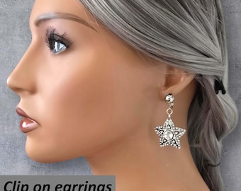 1 Pair of Tibetan Silver Rhinestone Star & Moon Clip-On Drop Earrings – Celestial Jewelry for Non Pierced Ears - Gift Idea