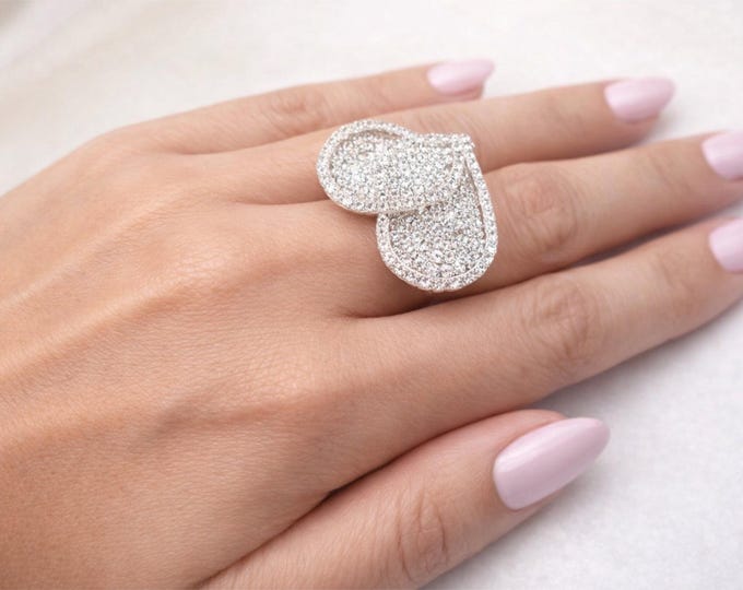 Large Adjustable Silver Tone Heart Rhinestone Ring – Sparkling Cocktail & Party Statement Fashion Jewelry
