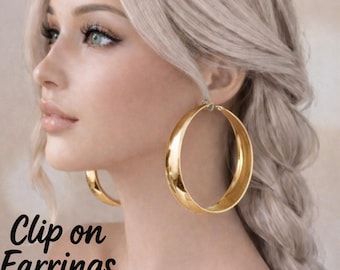 Aros de clip dorados de 7,6 cm: grandes, anchos y planos, con diseño llamativo