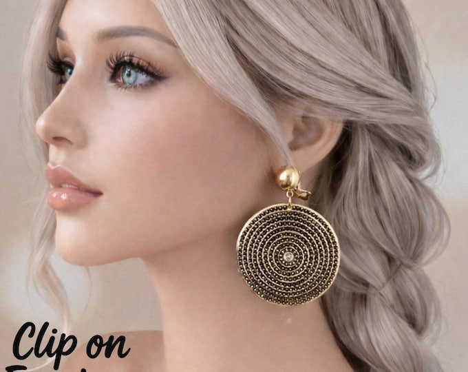 Clip On Earrings - Gold Tone Black Textured Disc Drop Earrings - Non Pierced