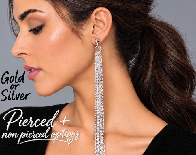 Clip On Long Rhinestone Chain Earrings,  Waterfall Tassel Drops, Statement Diamante Earrings,  8" - 20cm