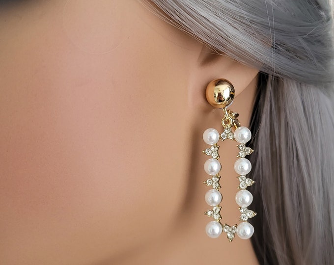 1 pair of beautiful CLIP ON  white faux pearl & diamante - rhinestone - crystal drop earrings - 2.25" drop - Clip on or pierced earrings