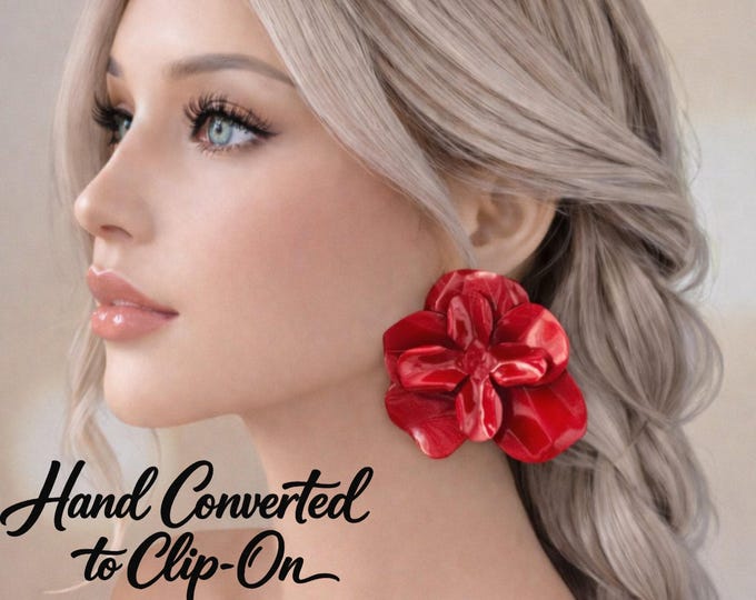 Red Flower Statement Earrings • Large Glossy Metal Petals, Clip On - Non Pierced