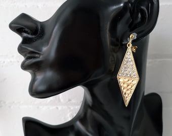 2.5" Long  gold tone diamante -diamond shape drop earrings - Clip on or pierced options