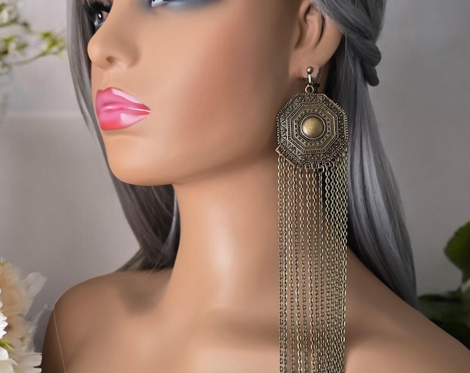 1 pair of extra long antique, vintage bronze CLIP ON earrings, 9" long tribal design waterfall chain shoulder duster earrings Pierced option