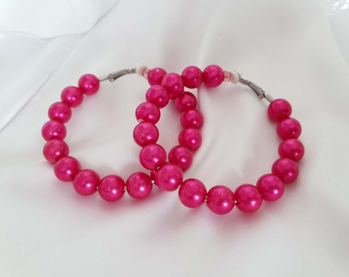 1 pair of 2.5" big - bright cerise - hot pink colour beaded CLIP ON hoop earrings - Big chunky hoops - statement earrings