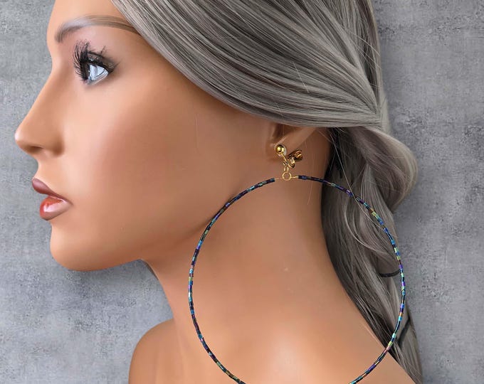 CLIP ON hoops XXL oil slick iridescent glass seed bead drop hoop earrings - Clip on  pierced options - big 5.25" long,  lightweight hoops