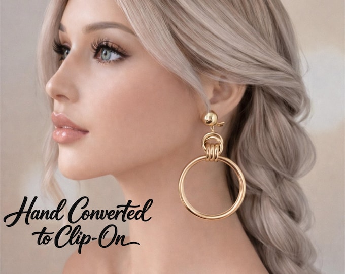 Gold Tone Clip On Knot Hoop Drop Dangle Earrings – Statement Lightweight Non Pierced Earrings