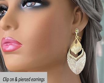 CLIP ON drop earrings - 3" - 7.5cm long gold tone & PU leather pendant earrings for non pierced ears, ear clips - clipon earrings