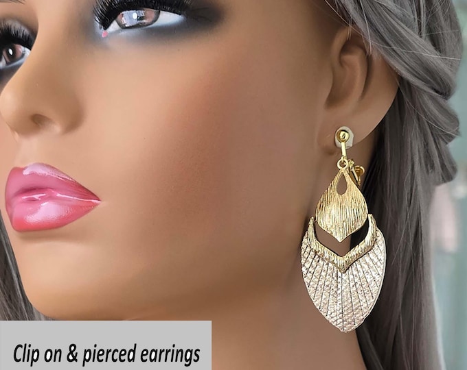CLIP ON drop earrings - 3" - 7.5cm long gold tone & PU leather pendant earrings for non pierced ears, ear clips - clipon earrings