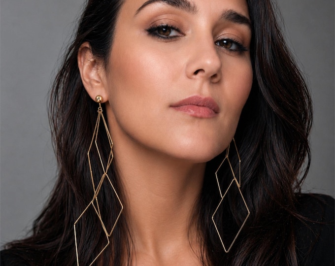 Oversized Gold Tone Geometric Clip-On Earrings - Long Diamond Dangle Statement Earrings - 6.5" - 17cm