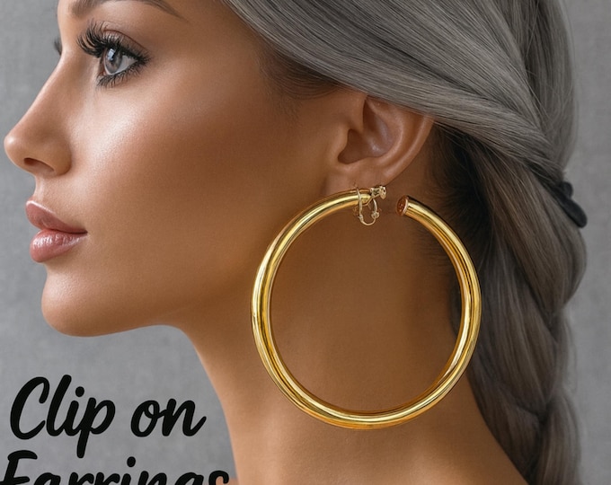 Large Gold Clip On Hoop Earrings – Lightweight Thick Chunky Tube Hoops, Non-Pierced Earrings, Screw-Back Clips, Statement Fashion - 3.5"