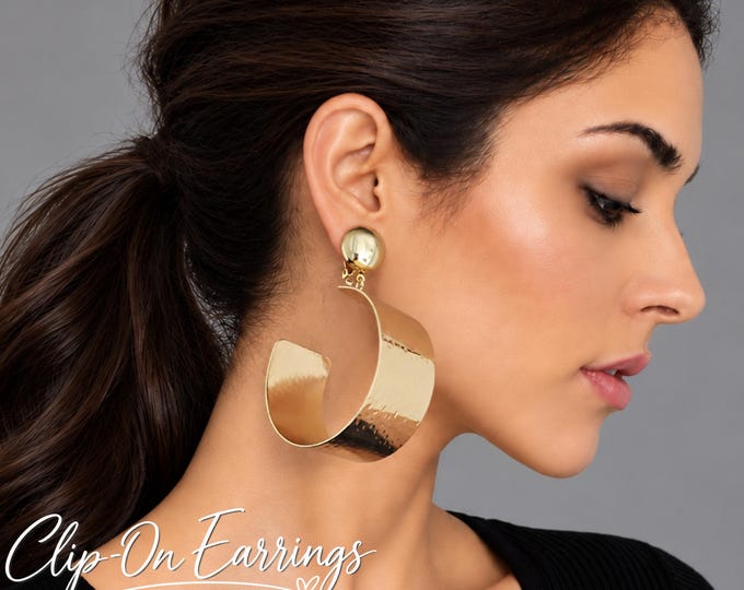 Oversized Gold Tone Clip On Hoop Earrings – Extra Wide Statement Hoops – Bold Chunky Non Pierced Earrings – 3" – 7.5cm