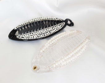 4.5" long diamante & faux pearl bead flat banana clip - fish clip - ponytail holder clip - Black or clear plastic -  Smaller size