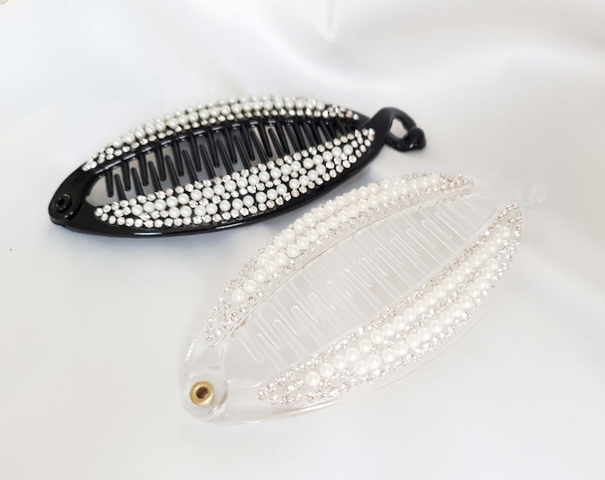 4.5" long diamante & faux pearl bead flat banana clip - fish clip - ponytail holder clip - Black or clear plastic -  Smaller size