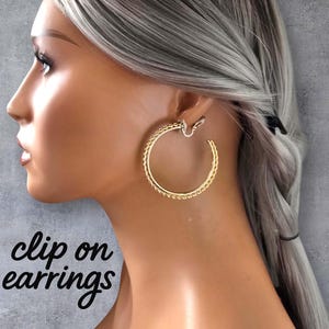 2" Gold Tone Twisted Edge C Shape Clip-On Hoop Earrings – Large Statement Hoops for Non-Pierced Ears – Big Bold Clip On Earrings